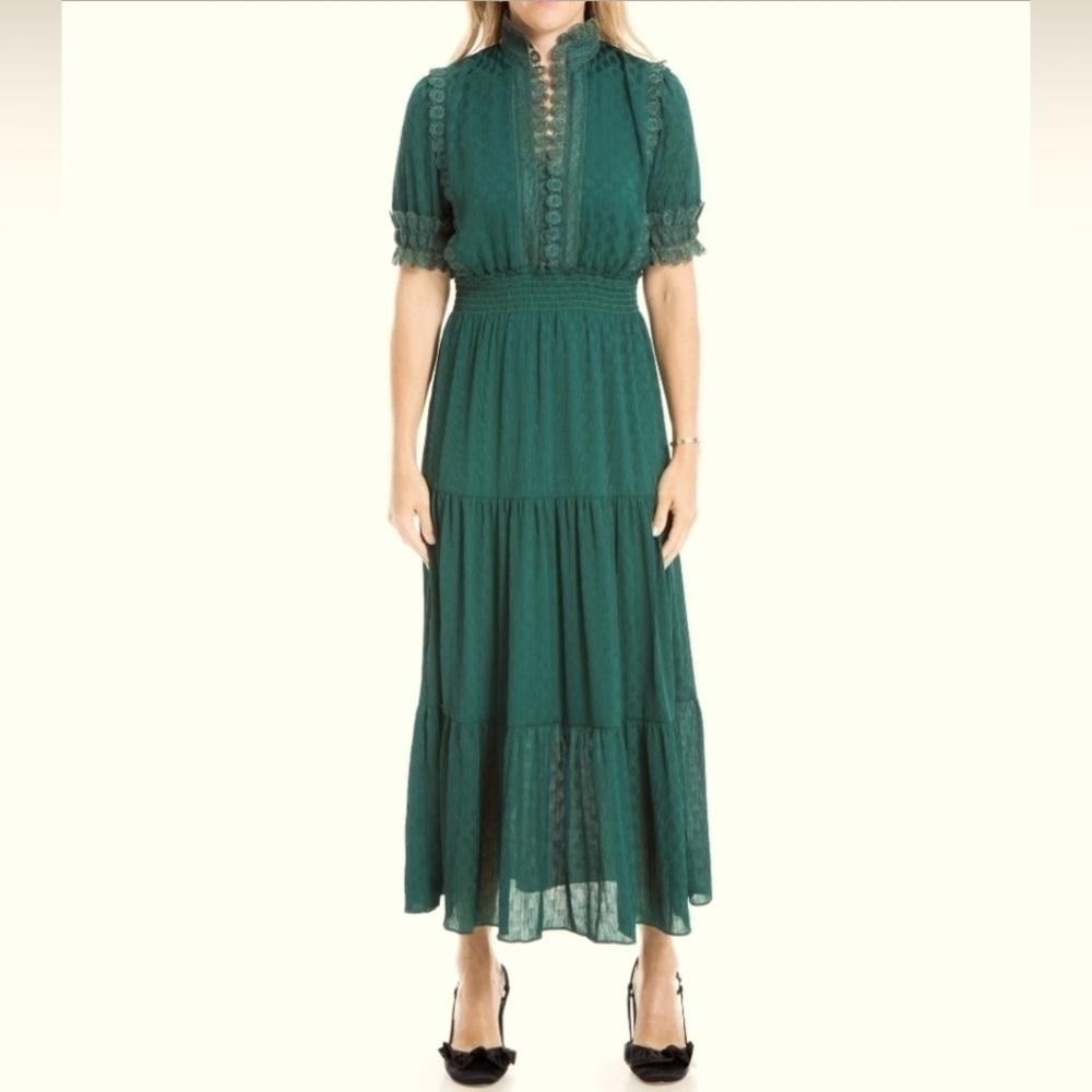 Emerald Green Polka Dot and Lace Maxi Dress by Max Studio